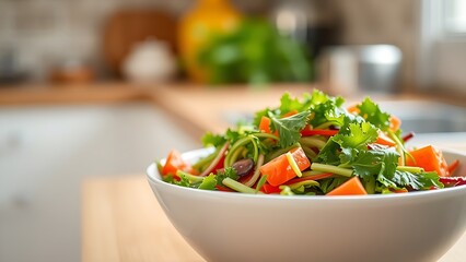 A crisp vegetable salad in a white ceramic bowl with natural window lighting.