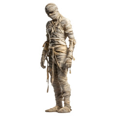 Obraz premium A full body shot of a mummy wrapped in bandages standing on a black background looking down sadly on transparent background