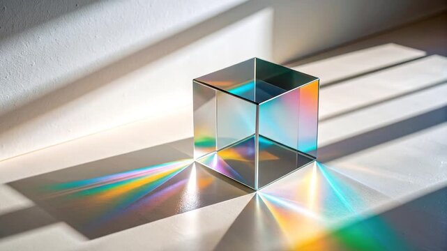 Iridescent cube refracts light, casting rainbow shadows