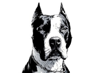 The serious dog with short dark fur and metal chain around its neck looks forward on a white background.