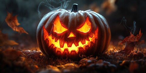 Obraz premium lamp light pumpkin with mystical misty Halloween mischievous grin