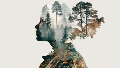 A woman's profile, her head filled with a forest scene