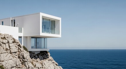 Modern white villa perched dramatically on ocean cliffside