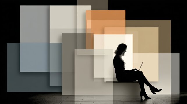 A silhouetted figure sits at a desk writing or reading, legs crossed in formal attire,