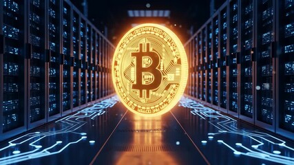 Glowing Bitcoin coin in front of server racks, representing digital cryptocurrency and financial technology. - Powered by Adobe