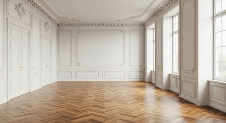 Elegant empty room boasts herringbone floors and classic molding