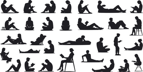Silhouettes of People Reading Books in Various Sitting, Lying, Relaxing, and Standing Poses, Isolated on White Background, Education, Learning, Leisure, Study, Relaxation, Knowledge