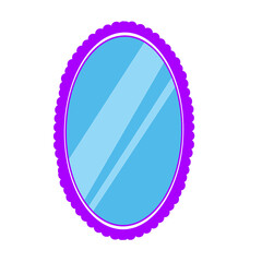 Illustration of an oval shaped glass mirror with a purple flower petal pattern frame and light reflection effect. Bathroom, makeup, interior, furniture, women, salon.