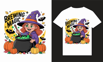 A Vibrant Halloween Greeting Card Featuring a Cute Witch, Black Cats, Bats, and Jack-O'-Lanterns13