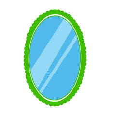 Illustration of an oval shaped glass mirror with a green flower petal pattern frame and light reflection effect. Bathroom, makeup, interior, furniture, women, salon.