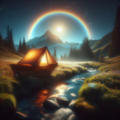 Magical nighttime camping scene with a glowing tent under a vibrant rainbow