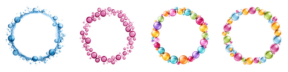 Obraz premium Assorted Watercolor Style Bubble Wreath Set: Blue Water, Pink, and Colorful Beads on White Background, Decorative Elements, Isolated