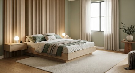 Relaxing bedroom retreat with wood paneling and soft light