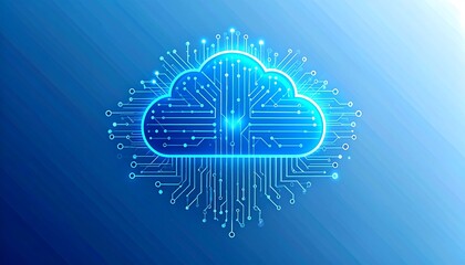 Abstract cloud computing concept; glowing circuit board design within a cloud shape on a blue background