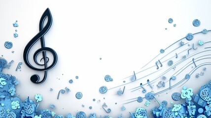 Blue 3D Musical Notes and Floral Decorative Background with Creative Clef Design for Concert Poster, Art Festival, Education Promotion, Performance Invitation