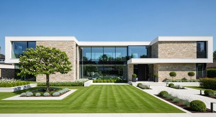 Modern luxury home exterior with manicured lawn and stone facade