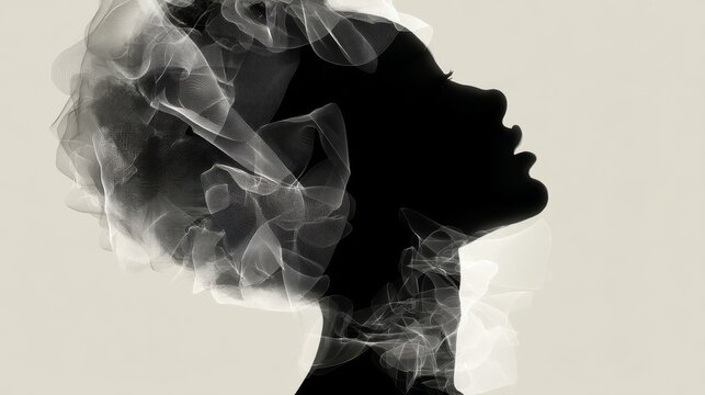 A female silhouette in black against a neutral background with misty ethereal buildup around the head and neck,