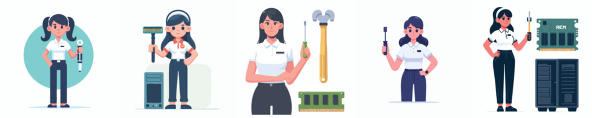 Female Computer Technician Vector – Woman IT Support with Screwdriver, RAM, and PC Hardware in Flat Illustration