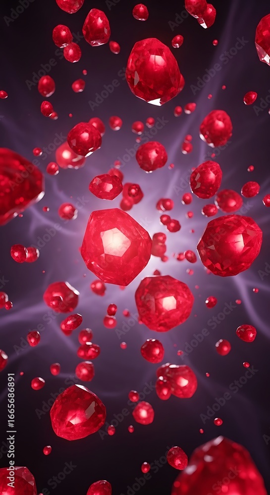 Poster crimson crystalline structures floating within a nebulous space conveying energy and dynamic movemen