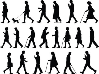Silhouettes of people walking, man woman with dog, elderly with cane, business and casual attire, diverse age group, smartphone use, isolated on white background