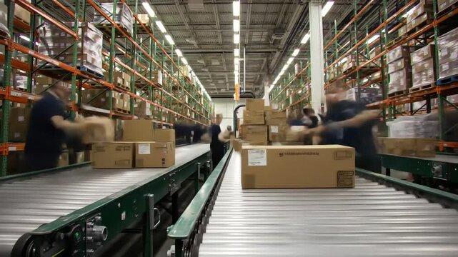 Efficient warehouse operations with automated conveyor belt and workers, fast-paced logistics and supply chain in action, modern distribution center
