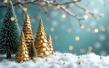 Christmas and New Year background. Xmas pine fir lush tree. Conical Abstract Gold Christmas Trees. Snowflakes hanging on ribbon. Bright Winter holiday composition. Greeting card, banner, poster