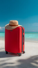 A lone red suitcase sits on a sun-drenched beach, ready for a summer trip by the sea