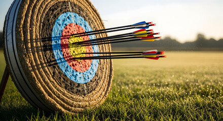 Archery target with many arrows hitting the bullseye, symbolizing success and achieving goals