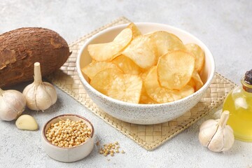 Keripik Singkong. Cassava chips are a snack or treat made from thin slices of cassava that are fried until dry and crispy