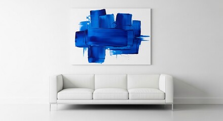 Modern blue abstract art above a sleek white sofa on white wall