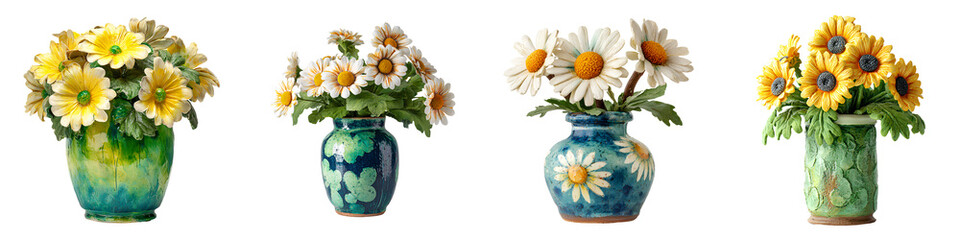 Fototapeta premium Set of four clay-crafted daisy flower bouquets in unique vases isolated on a transparent background