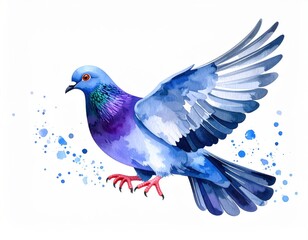 Obraz premium Watercolor painting of a beautiful blue pigeon in flight with artistic splash effects