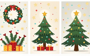 Set Christmas cards with Christmas tree, wreath, christmas elements. Vector illustrations. High quality