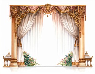 Ornate watercolor stage curtain with golden accents and floral detail, vintage theatre design