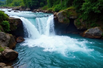 Raging torrent cascades into crystal clear turquoise basin, wonder, power, powerful