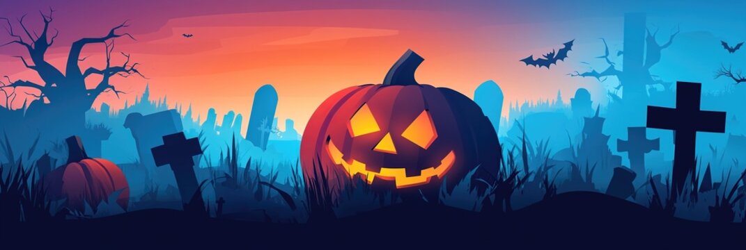 a flat vector pumpkin in a graveyard Halloween spook