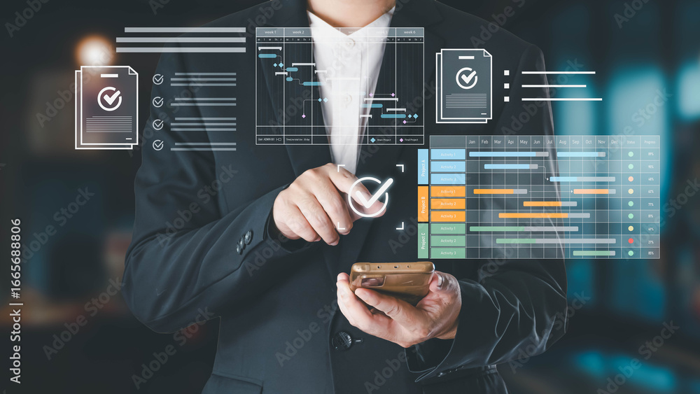Aufkleber a businessman in a suit uses his smartphone to interact with a futuristic digital interface displayi