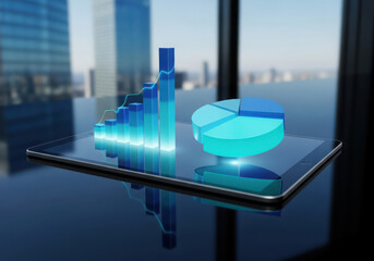 3d business growth charts displayed on tablet screen in modern office environment