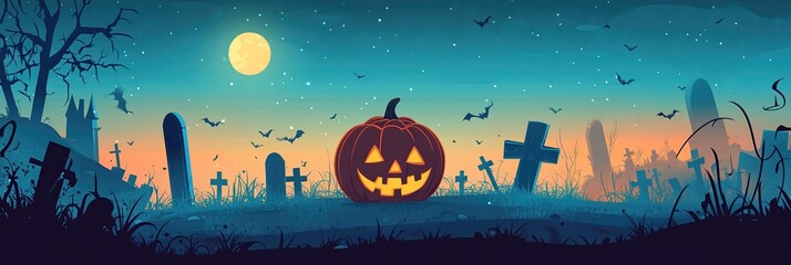 a flat vector pumpkin in a graveyard Halloween spook
