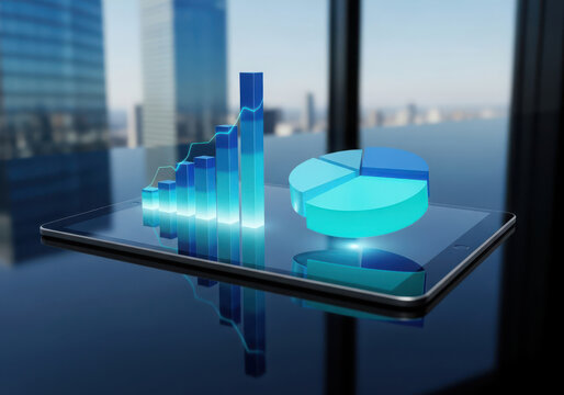 3d business growth charts displayed on tablet screen in modern office environment