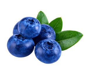 Fototapeta premium Cluster of Blueberries with Green Leaves, Isolated PNG