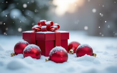Obraz premium Panoramic image of gift box and red christmas balls on snow. High quality