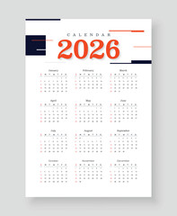 Calendar 2026, Minimalist Style Calendar, Week Starts Sunday, One Page A4 Business Design Planner Template.