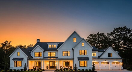 Stunning modern farmhouse exterior glows at sunset creating warmth