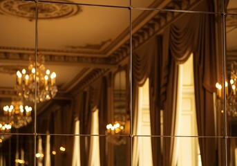 Obraz premium Opulent Reflections: A mirrored perspective of luxurious architectural interior with chandeliers and elegant drapery