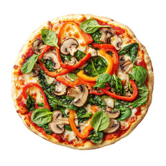 Overhead Shot of Pizza with Mushrooms Spinach and Bell Peppers on Transparent Background