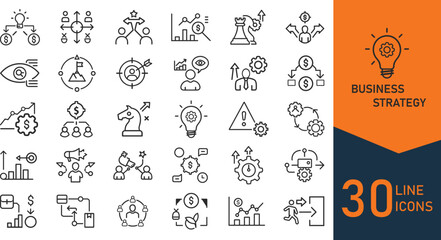 Collection of 30 outline icons illustrating business strategy finance growth teamwork planning and marketing concepts