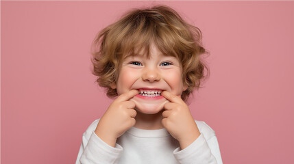A smiling child with curly blonde hair showing teeth on a pink background