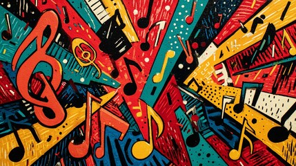 Obraz premium A vibrant, abstract illustration bursts with musical symbols and colorful geometric elements
