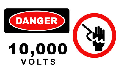 High voltage warning icon: '10,000 Volts' text with hand and electric spark graphic